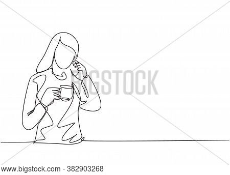 One Single Line Drawing Of Young Female Office Employee Calling Her Work Partner While Holding A Cup