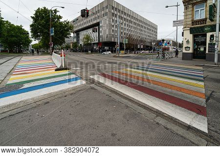 Vienna, Austria - August 29, 2020: Town Square Of Gürtel And Felberstrasse With Crosswalks In Rainbo