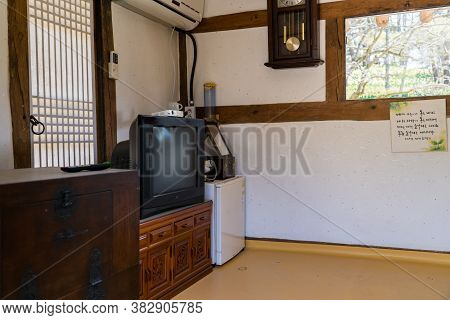 Seosan,south Korea-april 2020: Old Korean House Small Room With Television And Wooden Shelf