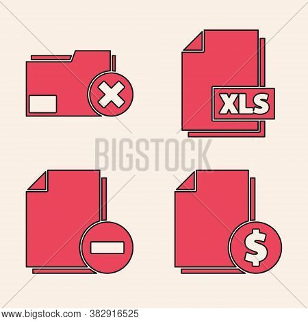 Set Finance Document, Delete Folder, Xls File Document And Document With Minus Icon. Vector