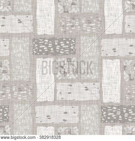 French Woven Linen Texture Geometric Shape Background. Old Ecru Flax Grey Geo Motif Seamless Pattern