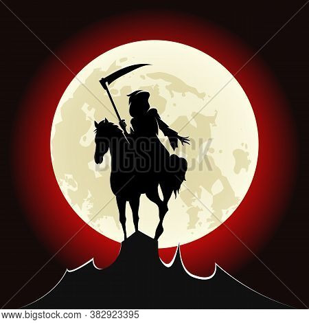Silhouette Of Grim Reaper Ride A Horse On Mountain Peak Against Bloody Moon. Vector Illustration.