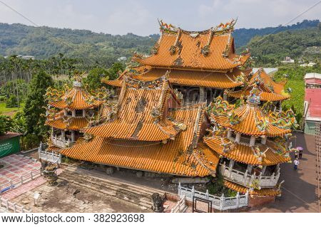 Nantou, Jiji, Taiwan - September 14th, 2019: aerial view of ruins of Wuchanggong temple when earthquake at september 21, 1999
