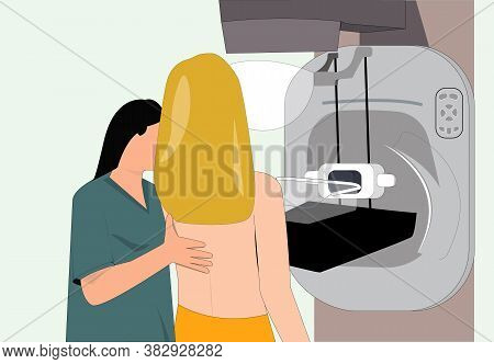 A Female Assisting Doctor Helps Patient Undergoing Mammogram X-ray Test. Mammography
