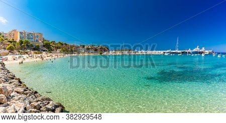 Port Adriano sandy beach in summer, El Toro, Majorca, Balearic Islands, Spain