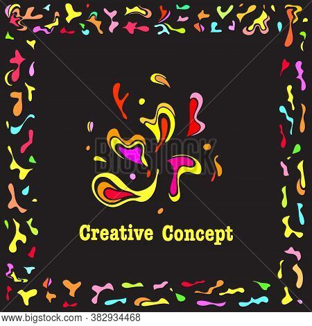 Abstract Frame With Bright Multicoloured Organic Blobs And Yellow Headline, Isolated On Black Backgr