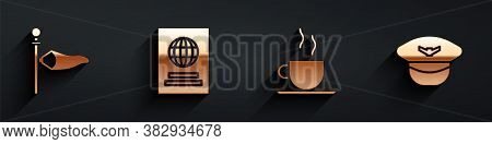 Set Cone Meteorology Windsock Wind Vane, Passport, Coffee Cup And Pilot Hat Icon With Long Shadow. V