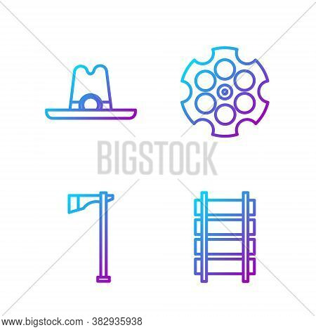 Set Line Railway, Railroad Track, Tomahawk Axe, Western Cowboy Hat And Revolver Cylinder. Gradient C