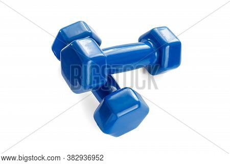 Two Dark Blue Dumbbells Isolated On White Background With A Clipping Path.