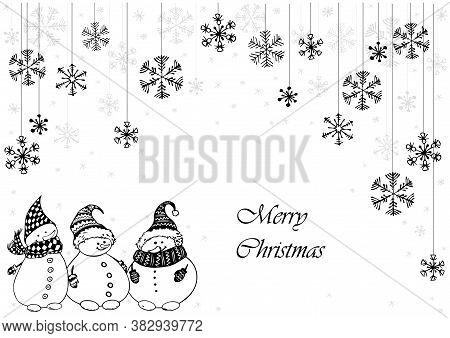 Christmas Card With Snowmen And Snowflakes. Black And White Vector Doodle Illustration.