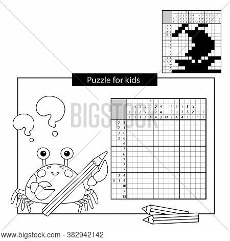 Ship. Black And White Japanese Crossword. Nonogram. Coloring Page Outline Of Sea Crab. Coloring Book