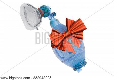Bag Valve Mask With Red Bow And Ribbon, Gift Concept. 3d Rendering Isolated On White Background