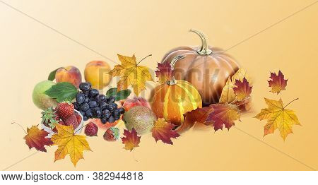 Thanksgiving Day. Thanksgiving Day Autumn Background Of Pumpkins And Leaves. Thanksgiving. Pumpkins 