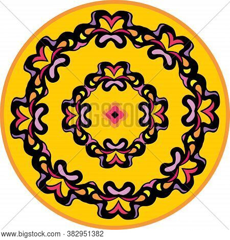 Symmetrical Bright Colourful Decorative Ornament On Yellow-orange Circle Isolated On White. Vector I