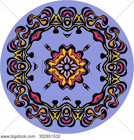 Symmetrical Yellow, Orange And Pink Decor On Blue Circle Isolated On White Background. Vector Illust