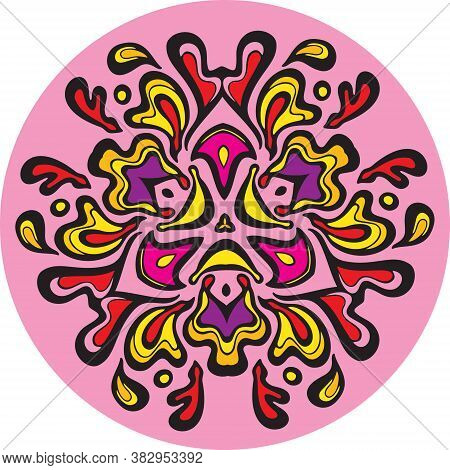 Multicoloured Symmetrical Elements On Pink Circle, Isolated On White Background. Bright Decorative O