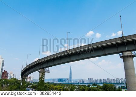 Seoul,south Korea-july 2019: Ttukseom Cheongdam Bridge With Blue Cloudy Sky In Ttukseom Hangang Park