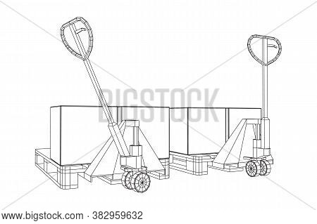 Hand Pallet Jack Lift With Pallet And Stacked Goods Cardboard Boxes. Manual Forklift. Logistics Ship