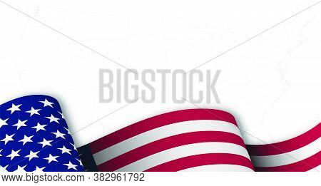 American Flag In Motion, Fluttering In Wind On Background Map With Borders Of States Of America. Mai