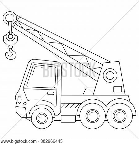 Coloring Page Outline Of Cartoon Truck Crane. Construction Vehicles. Coloring Book For Kids.
