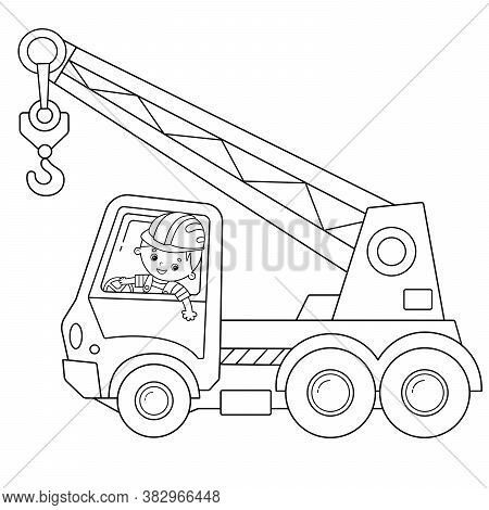 Coloring Page Outline Of Cartoon Truck Crane. Construction Vehicles. Coloring Book For Kids.