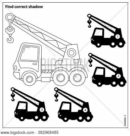 Puzzle Game For Kids. Find Correct Shadow. Truck Crane. Construction Vehicles. Coloring Book For Chi