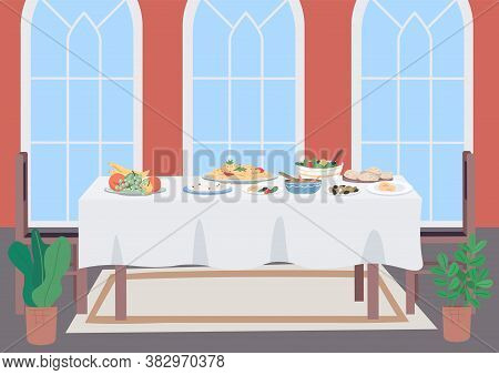 Luxury Dinner Table Flat Color Vector Illustration. Living Room For Family Traditional Meal. Nationa