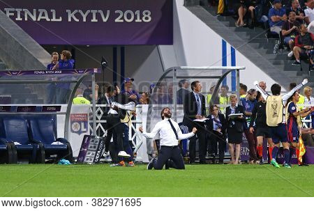 Kyiv, Ukraine - May 24, 2018: Reynald Pedros, Head Coach Of Olympique Lyonnais Team Celebrates A Goa