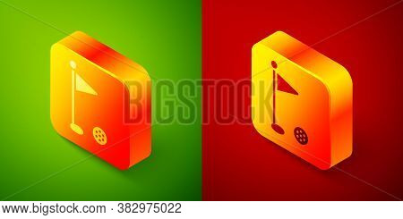 Isometric Golf Flag Icon Isolated On Green And Red Background. Golf Equipment Or Accessory. Square B