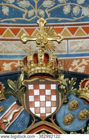 GRUBISNO POLJE, CROATIA - OCTOBER 01, 2011: Coat of arms of the Triune Kingdom of Croatia, Slavonia and Dalmatia, altar of the Immaculate Heart of Mary in the parish church of St. Joseph in Grubisno P