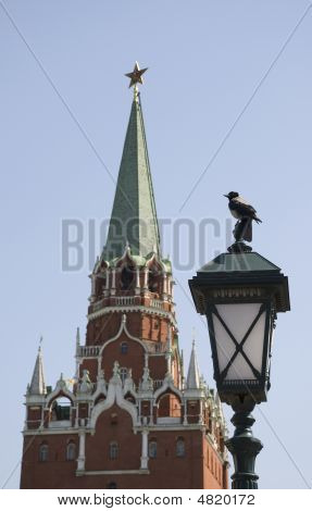 El Cuervo, posando con el trasfondo de la torre del Kremlin de Moscú