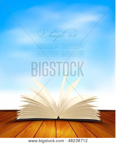 Livro aberto sobre um piso de madeira na frente de um fundo azul. Vector.