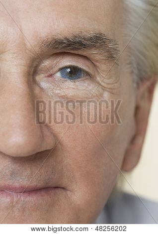 Detail portrét shot starší mužskou tvář s modrým okem
