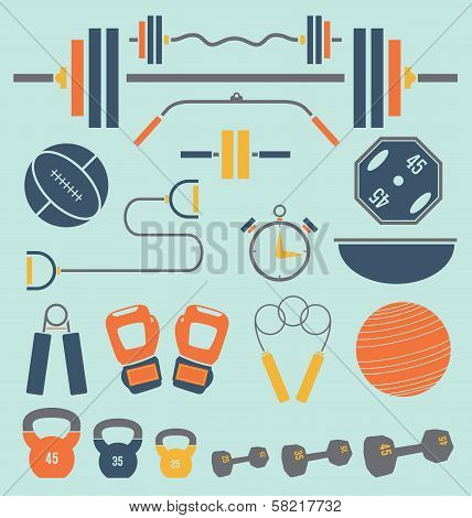 Vector Set: Retro Color Flat Gym and Workout Equipment