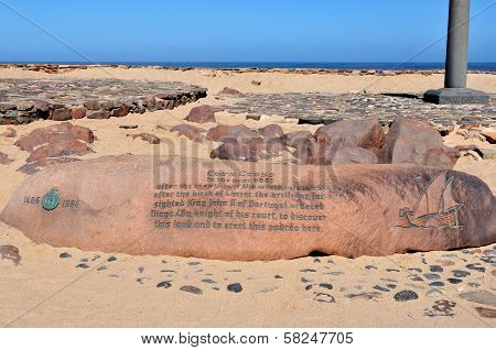 Inscription next to the cross planted by Diogo Cao At Cape Cross, Namibia