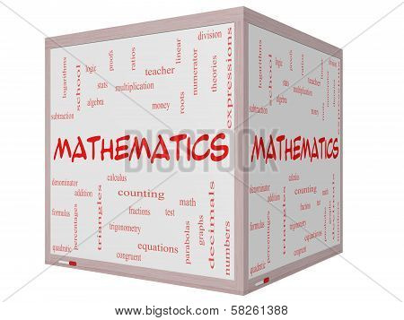 Mathematics Word Cloud Concept On A 3D Cube Whiteboard