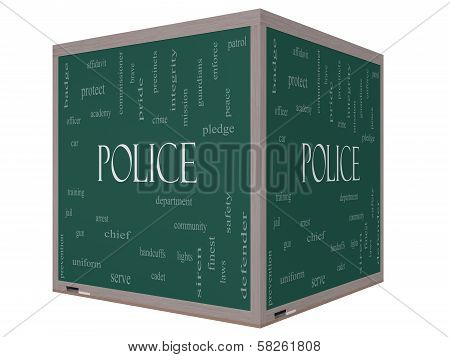 Police Word Cloud Concept On A 3D Cube Blackboard