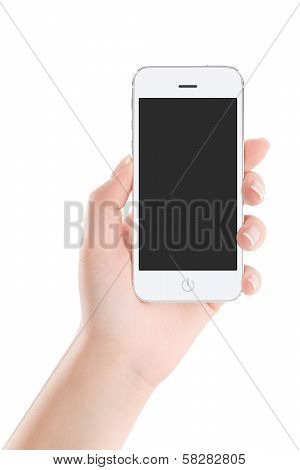 White Mobile Smart Phone With Blank Screen In Female Hand