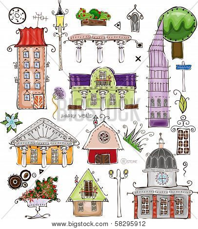 City houses and street desing element set 