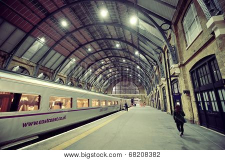 LONDON, UK - SEP 27: Kings Cross railway station interior on September 27, 2013 in London, UK. Opened in 1852, it is the southern terminus of the East Coast Main Line.