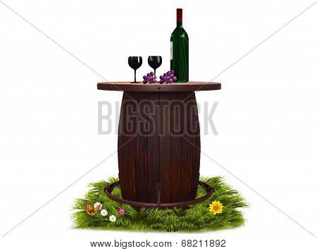 Barrel with bottle of wine and cups