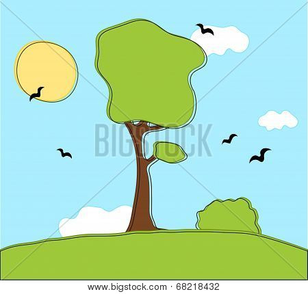 Spring Landscape, With Tree, Bush, Birds, Clouds, Sun