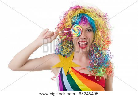 Pretty girl with lollypops isolated on white