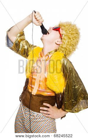Man with afrocut and mic isolated on white