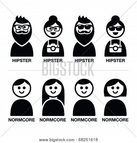 Hipster and normcore trend, style - man and woman icons