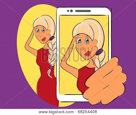 Blond Girl is taking selfie. Handdrawn vector illustration on violet background