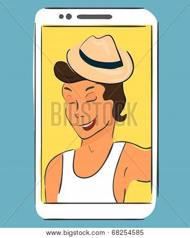 Selfie of guy wearing hat. Handdrawn vector illustration