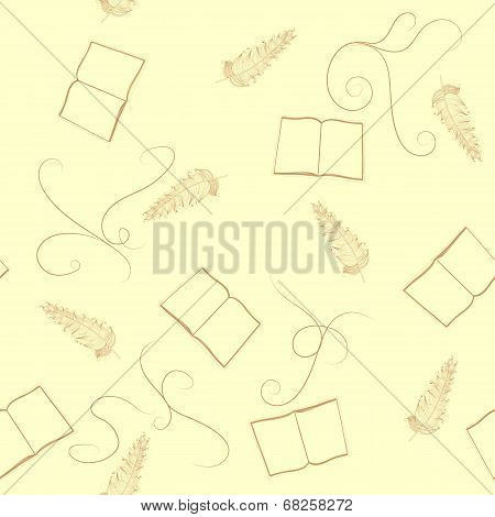 Seamless pattern with a graceful ornament from books and feathers