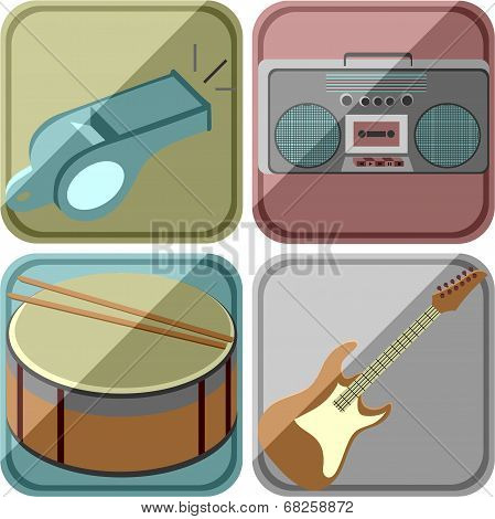 Icons in a retro style with the image of musical instruments and the equipment