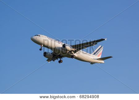 The plane of Air France airline comes on a strip before landing at the Sheremetyevo airport